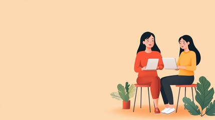Aufkleber - Two women sitting on chairs, engaged in conversation while using laptops, surrounded by potted plants on a light background.