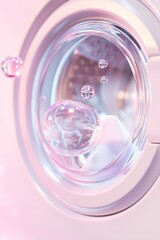 Poster - Glowing water droplets form laundry icons such as a washing machine and detergent bottle against a clean pastel background. The radiant design offers ample space for overlay text
