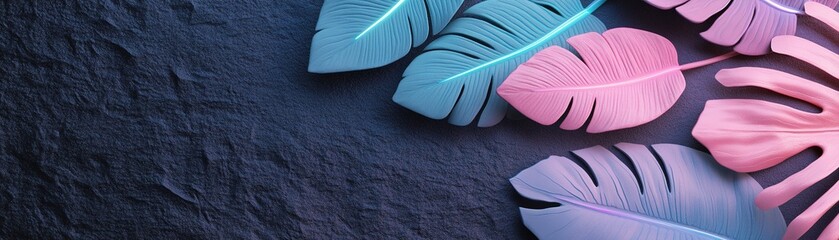 Poster - Vibrant tropical leaves outlined in neon pink, blue, and green create an artistic abstract pattern on a black gradient backdrop, perfect for stylish text overlay and creative projects