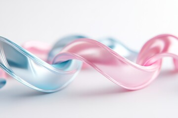 Poster - Silver and chrome ribbons intertwine with glowing blue and magenta accents, creating a fluid, high-tech visual effect on a bright white background, allowing for branding space