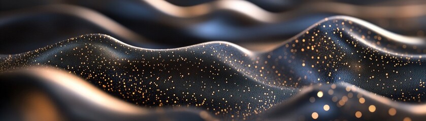 Poster - Dynamic sound waves flow gracefully in metallic gold tones, layered over a dark gradient background. The composition is enhanced by glowing particles, creating a luxurious aesthetic