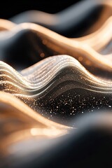 Poster - Elegant sound waves in metallic gold tones flow gracefully over a matte black background, adorned with glowing particles. This dynamic design offers ample space for branding or text overlays