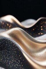 Poster - Flowing sound waves in shimmering gold hues cascade over a deep matte black background, enhanced by glowing particles. The composition exudes luxury and space for text overlay