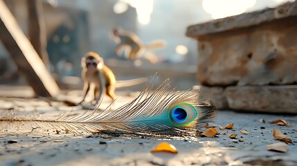 vibrant peacock feather on the ground, with monkeys playing in the blurred background, creating an e
