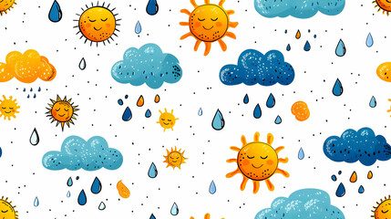 a playful pattern featuring suns, clouds, and raindrops on a white background.