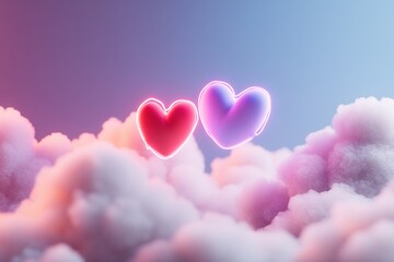 Poster - Multiple glowing neon hearts in pink, red, and purple tones gently float above a bed of fluffy clouds, set against a gradient background that enhances their magical appeal