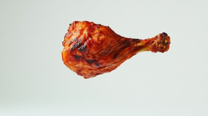 Wall Mural - 83.A dynamic image of a grilled chicken leg suspended in mid-air, its crispy skin and charred edges clearly visible, set against a stark white background to highlight its vibrant color.