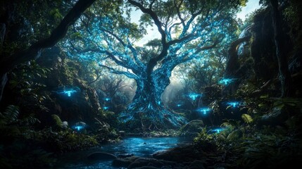 Poster - A magical encounter with glowing flora in a lush forest stream enchanting nature scene dreamy atmosphere