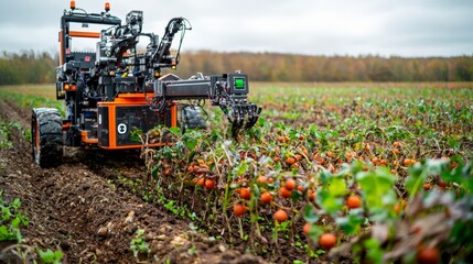 Poster - Robotic harvester collecting ripe crop agricultural field technology farm close-up innovation