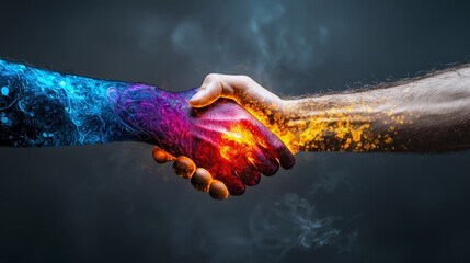 Poster - Dynamic glowing handshake symbolizing unity and collaboration abstract background digital art conceptual viewpoint