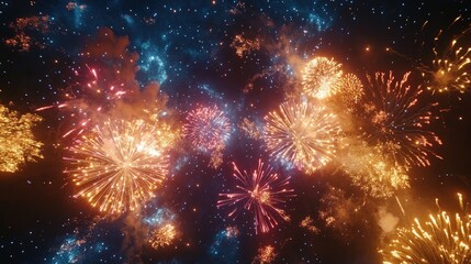 an artistic vision of chinese new year fireworks exploding in the void of space, creating vivid patt
