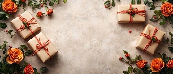 Poster - Elegant gifts with orange roses and green leaves on a textured light backdrop for celebration