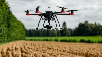 Poster - Drone with ai cameras monitoring agricultural field rural landscape aerial view advanced technology for crop management