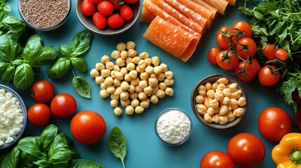 Canvas Print - Fresh ingredients including tomatoes, strawberries, and herbs arranged on a blue surface