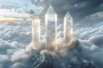 Poster - Three tall crystal pillars rise above a misty mountain landscape under a cloudy sky