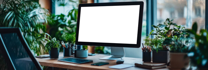 Poster - Home Office Setup with Blank Computer Screen and Plants
