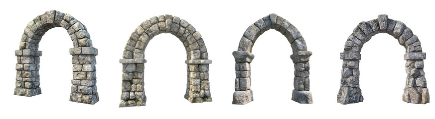 Poster - A 3D render showcases four variations of a stone archway, each showing different degrees of wear and damage.