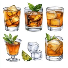 Canvas Print - A set of smooth whiskey glasses filled with amber liquid, accompanied by ice cubes. High Quality