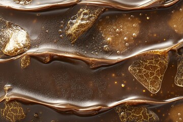Poster - Abstract dark brown liquid surface with golden textures and highlights creating a wavy pattern