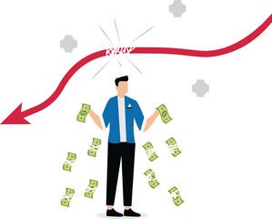 Economic or financial assistance policies, buying when the stock market falls, falling arrows with the hand holding the bill