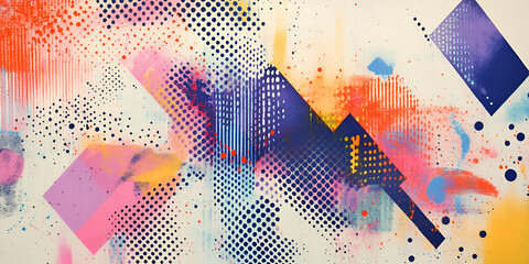Poster - Vibrant Abstract Art: An explosion of color and texture in this dynamic abstract artwork. Bold geometric shapes and halftone patterns create a visually stunning and energetic piece.