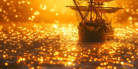 Sticker - Golden Hour Galleon: A majestic galleon sails on a sea of shimmering golden light, the setting sun casting a magical glow on the water. The scene evokes a sense of adventure and wonder. 