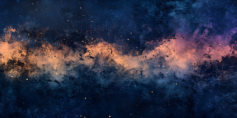 Poster - Cosmic Nebula: A mesmerizing abstract image depicting a vibrant nebula with swirling hues of deep blue, smoky grey, and soft peach, speckled with glittering particles.