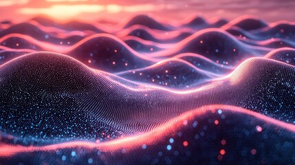 Aufkleber - Serene Digital Landscape with Glowing Particles at Sunset