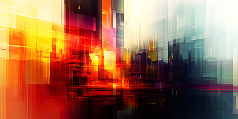 Fototapete - Digital Metropolis: An abstract, yet visually stunning digital cityscape bursts with vibrant color and dynamic movement. Geometric shapes and blocks interweave, evoking a sense of energy, dynamism.