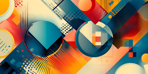 Poster - Abstract Geometric Composition: Vibrant and dynamic interplay of shapes and colors in an abstract artwork. Bold geometric patterns, circles, and squares create a sense of movement and energy.