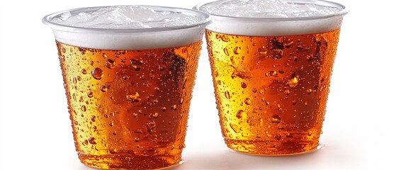 Poster - Two glasses of golden beer with condensation drops on a white background in studio light