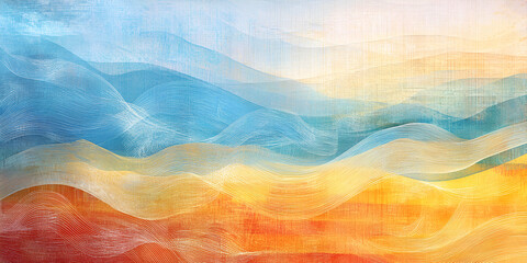 Poster - Abstract Texture: Flowing Waves of Color: An ethereal abstract image featuring flowing layers of translucent fabrics in shades of blue, gold, and orange, creating a dreamy and textural composition.