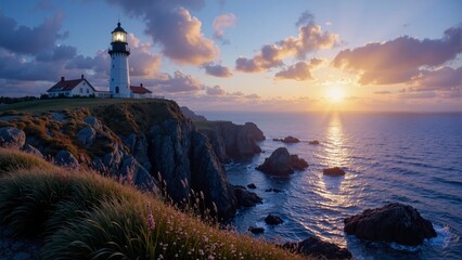 Wall Mural - A lighthouse is on a rocky cliff overlooking the ocean. The sun is setting, casting a warm glow over the scene. The water is calm and the sky is filled with clouds