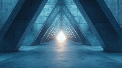 Poster - Concrete tunnel with triangular beams leading to a bright light at the end of the passage