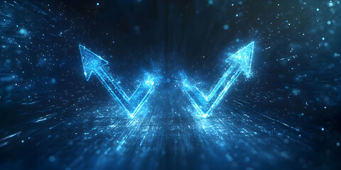 Poster - Ascending  Arrows: Two glowing blue arrows point upwards, illuminated by a beam of light against a dark, abstract backdrop, symbolizing growth, progress, and a bright future.