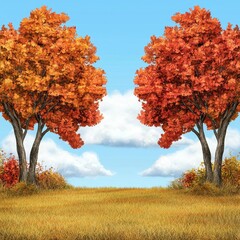 Wall Mural - A vibrant autumn forest with colorful leaves in shades of red, orange, and yellow, set on a grassy field. High Quality