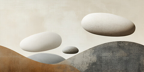 Poster - Floating Stones: Surreal landscape art featuring smooth, ovular stones seemingly floating above rolling hills in a calming palette of neutral earth tones.  Evokes a sense of serenity and wonder.
