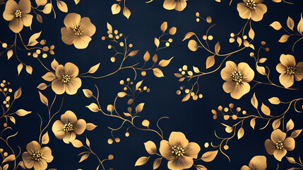 Poster - Golden Floral Pattern on Navy:  An elegant and intricate floral pattern in rich gold hues graces a navy backdrop, creating a timeless and sophisticated design for any project.