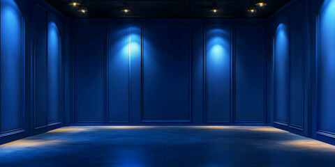 Poster - blue room with spotlights: an elegant, minimalist backdrop with a dramatic blue interior and three s