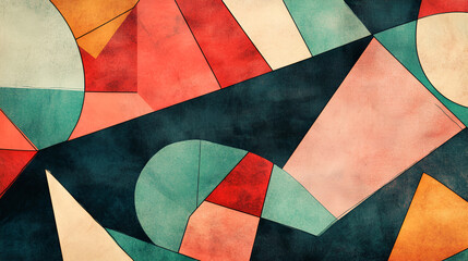 Poster - Abstract Geometric Watercolor: A vibrant and dynamic composition featuring overlapping geometric shapes in a palette of warm and cool tones, rendered in a watercolor style.