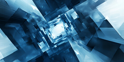 Poster - Abstract Geometric Tunnel: A captivating abstract image featuring a mesmerizing tunnel of blue geometric shapes that seem to extend infinitely, creating a sense of depth and mystery.