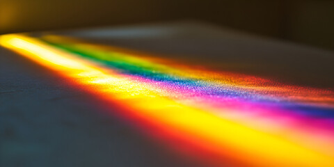 Poster - Rainbow Light Spectrum: A vibrant, prismatic spectrum of light casts a radiant glow across a surface, creating a mesmerizing display of color and light.