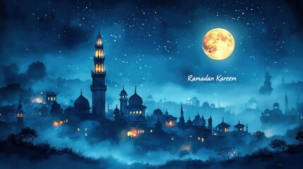 Poster - Mystical City Under a Luminous Moon at Night