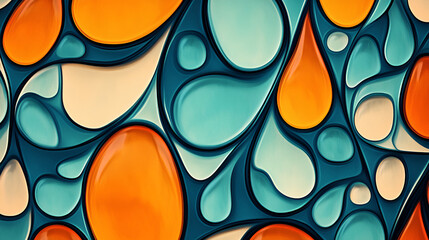 Poster - Abstract Fluid Forms: A mesmerizing interplay of teal, orange, and cream colored organic shapes creates a visually captivating abstract pattern.  The design evokes a sense of fluidity, movement.