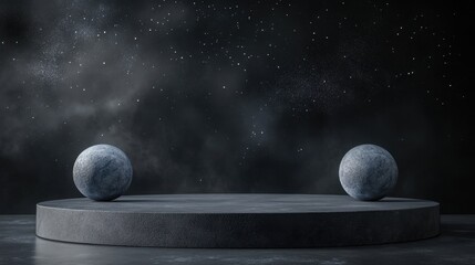 Poster - abstract cosmic landscape with sphere and dark starry background