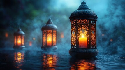 Wall Mural - Mystical Glowing Lanterns Reflecting on Calm Water at Night