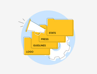 Poster - Media kit with press release, brand guidelines, stats and logo files. PR strategy, marketing communication, corporate branding and media resources for journalists and content creators illustration