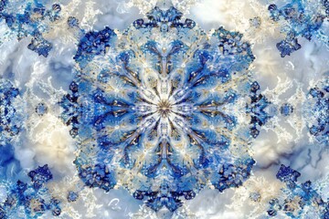 Poster - Intricate Blue and White Kaleidoscope Pattern Featuring Abstract Textures and Floral Motifs in Harmonious Symmetry