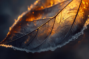 Wall Mural - Close-up of a frost-covered leaf illuminated by warm light, showcasing intricate textures and colors