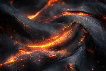 Poster - Black fabric with glowing orange lava like cracks abstract texture background pattern